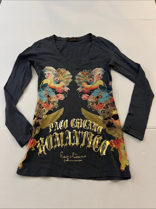 Christian Audigier Tops - Vintage Y2K Christian Audigier Paco Chicano Black Cherub Cotton top Size XS